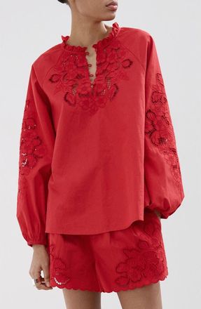 Mango Cotton Ruffle Trim Broderie Anglaise Top in Red at Nordstrom, Size 4