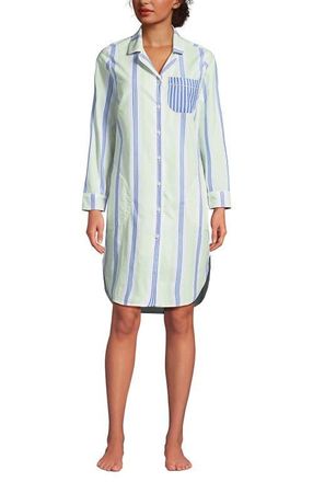 Lands End Plus Size Cotton Poplin Long Sleeve Sleepshirt Nightgown in Icy Mint/muted Cobalt Stripe at Nordstrom, Size 1X