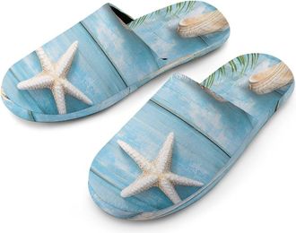 Generic Starfish Conch Shell on Wood Mens Cotton Slippers Memory Foam Comfort House Shoes Winter Indoor Slipper for Hotel Casa Spa