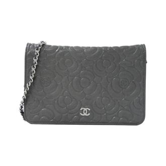 Chanel Dark Gray Satin Leather Chain/Shoulder Wallet (Pre-Owned)