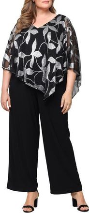 S.L. Fashions Foil Asymmetric Capelet Wide Leg Jumpsuit in Black Silk at Nordstrom, Size 24W