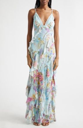 Camilla Floral Ruffle Silk Slipdress in Bazaar Blooms at Nordstrom, Size Large