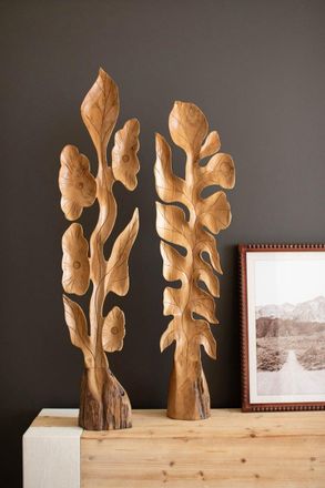 Kalalou Set Of Two Botanical Teak Sculptures Above
