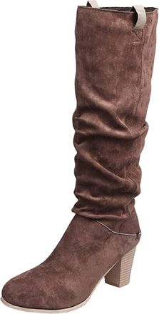 Generic Knee High Boots Women,Chunky Block Heel Pull on Womens Knee High Boots with Stretch Panel Suede Leather Comfy Travel Work Daily Dating Essentials Fash
