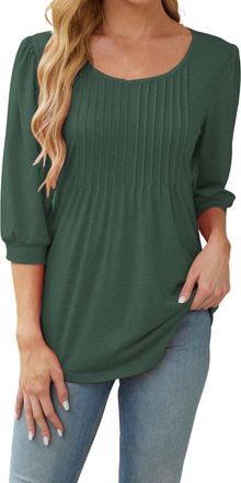Generic Womens 3/4 Sleeve Shirts Ladies Blouses Summer Puff Sleeve Tops Scoop Neck Pleated Tunic Shirts (UK, Alpha, XL, Regular, Regular, Green)