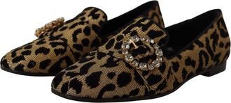 Dolce & Gabbana Womens Gold Leopard Print Crystals Loafers Shoes Brown Cotton 10 % Viscose
