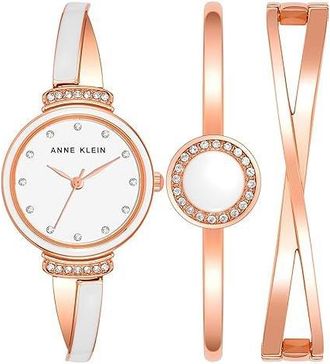 Anne Klein Rose Gold-Tone White X-Shaped Bangle Crystal Accent Set Ladies Watch