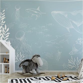 Acte Déco Papel pintado panorámico océano y animales marinos azul cielo 300x250c