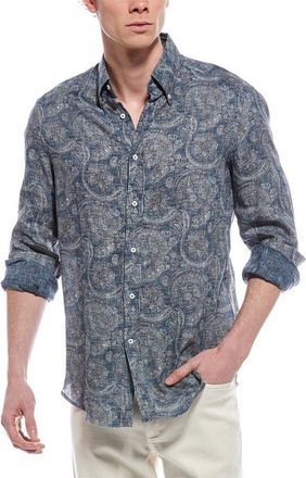 Brunello Cucinelli Denim Paisley Linen Button-Up Shirt, Size X-Small