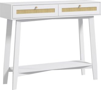 HOMCOM Homcom - mesa consola recibidor mesa de entrada con 2 cajones de diseño de ratán y estante abierto para salón pasillo 100x30x81 cm blanco