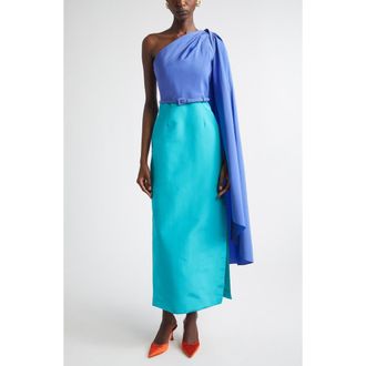 Carolina Herrera Colorblock Belted Silk Faille Gown with Detachable Cape Sleeve in Turquoise Multi at Nordstrom, Size 14
