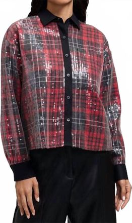 Foxcroft Marina Sequined Long Sleeve Short Shirt In Red Multi