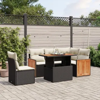 vidaXL Set De Sof&aacute;s De Jard&iacute;n 6 Piezas Y Cojines Rat&aacute;n Sint&eacute;tico Negro Vidaxl