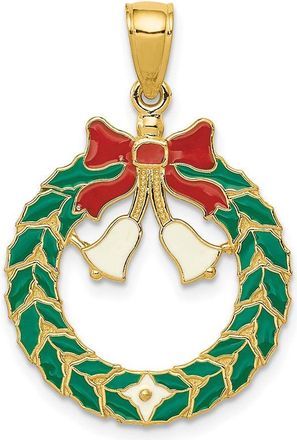 Diamond2Deal 14k Yellow Gold Enameled Christmas Wreath Pendant
