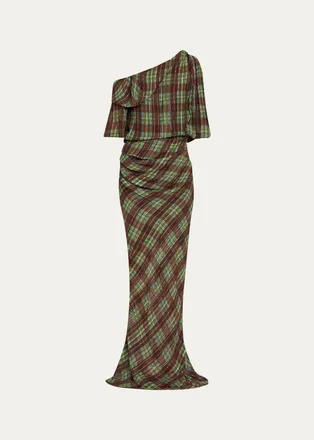 Dries Van Noten Metallic Check De Chine Off-The-Shoulder Gown