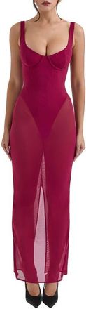 House of CB Robina Sheer Mesh Overlay Maxi Cocktail Dress in Beet Red at Nordstrom, Size X-Large A