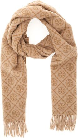 Tory Burch Womens Scarf With T Monogram Beige Wool Scarfs