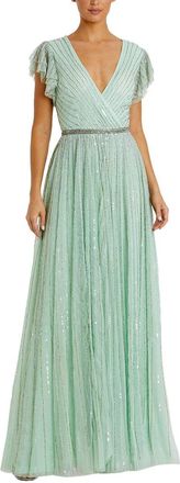Mac Duggal Sequined Wrap Over Ruffled Cap Sleeve Gown