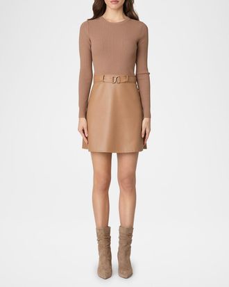 Shoshanna Brayden Ribbed Knit & Faux Leather Mini Dress