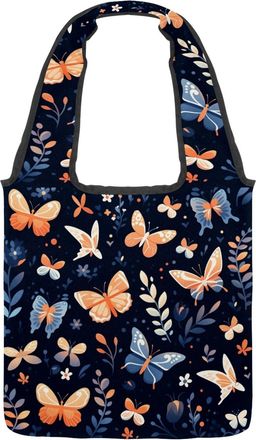 Generic Colorful Butterfly Reversible Canvas Shoulder Tote - Double-Sided Print, 12oz Cotton, 27cm Drop, Fold-Flat Bag for Travel, Shopping, Street Outings
