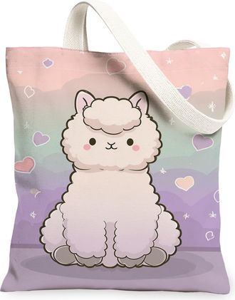 Generic Alpaca Canvas Tote Bags, Cute Animal Pattern Reusable Grocery Bags, Spring Lightweight Washable Shoulder Strap Canvas for T, Pastel, 13x15 Inch