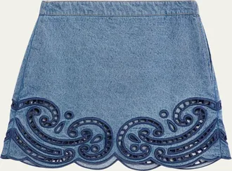 Ulla Johnson Cadiz Embroidered Denim Mini Skirt