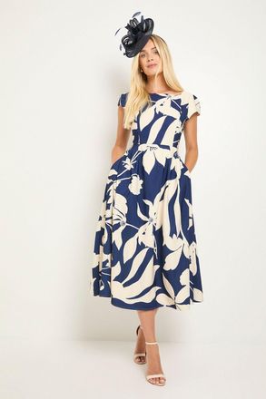 Wallis Womens Petite Floral Ottoman Fit & Flare Midi Dress - Navy - Size 10 UK