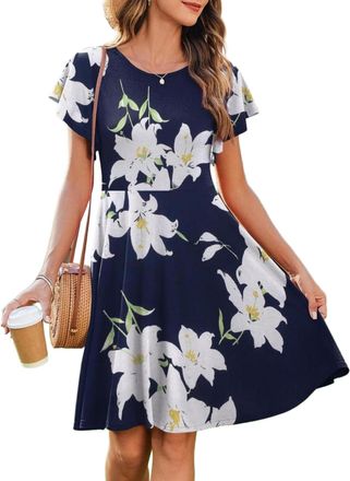 Zeagoo Summer Dress Womens Knee-Length Dress Round Neck Casual Dress Ruffle A-line Beach Dress Plain Tunic Dresses with Pocket, Z-Navy-Flowers, S