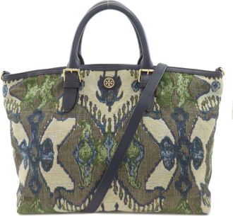 Tory Burch Green Navy Canvas Tote Bag (Pre-Owned)