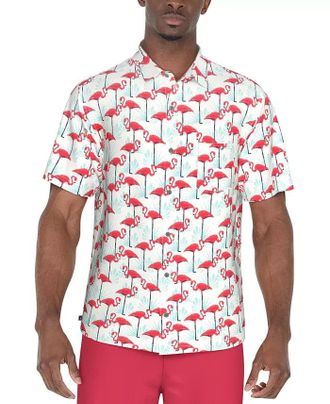 PGA TOUR Polo Shirt Mens White Flamingo Print Stretch Regular Fit FTS932