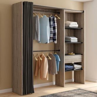 IDMarket Marty 120/170 X 50 X 180 Cm Madera Y Negro Armario Extensible Con Cortina + Doble Espacio Para Colgar + Estantes
