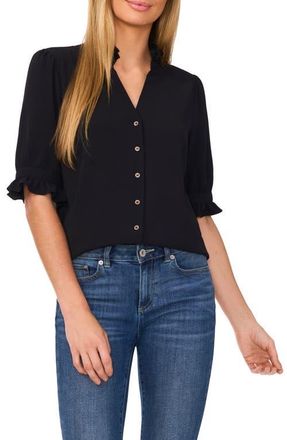 CeCe by Cynthia Steffe V-Neck Button-Up Shirt in Rich Black at Nordstrom, Size Medium