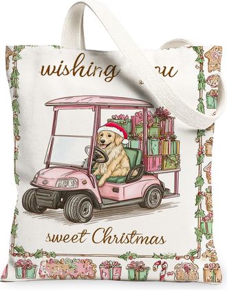 Generic Christmas Dog Canvas Tote Bags, Holiday Animal Design Reusable Grocery Bags, Vintage Fanciful Lightweight Washable Shoulder, White, 13x15 Inch