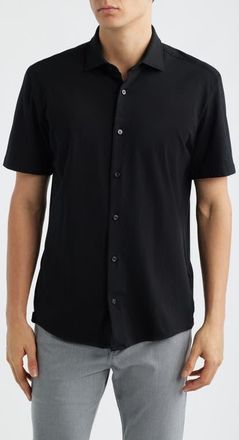 BOSS Roan Knit Short Sleeve Button-Up in Black at Nordstrom, Size Xx-Large