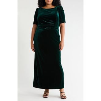 Jessica Howard Ruched Puff Shoulder Velvet Gown in Hunter at Nordstrom, Size 14W