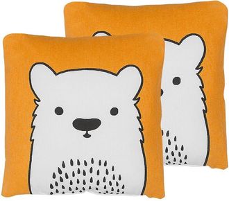 Beliani Conjunto De 2 Cojines Para Ni&ntilde;os Almohadas Oso De Tela Naranja Con Relleno Infantil Suave Waranasi