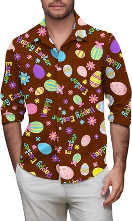 Generic Mens Easter Shirts Funny Bunny Eggs Button Down Tops Long Sleeve Easter Outfits Lightweight Breathable Blouses Loose Fit Comfortable Tshirts Summer Ca