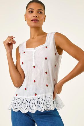 Roman Strawberry Embroidered Crinkle Vest Top