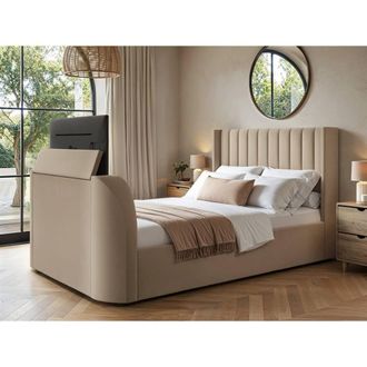 Flair Fallon TV Side Lift Ottoman Bed Beige Velvet | Size: Double