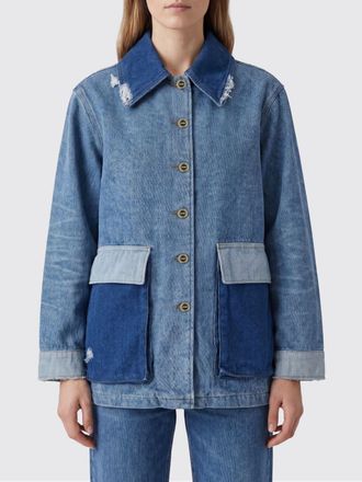 Ganni Giacca di jeans corta in cotone organico con frange e tasche a toppa