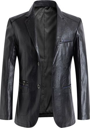 Generic Mens Faux Leather Blazer Jacket Slim Fit Notched Lapel Sport Coats Long Sleeve Business Casual Suit Jackets Black