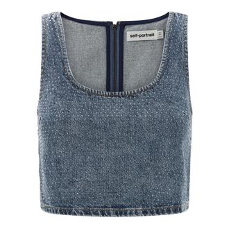Self Portrait Sleeveless Tops, female, Blue, Size: 2XS Rhinestone Denim Crop Top