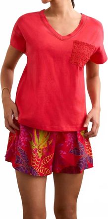 Tribal Short Sleeve Frill V-Neck Top With Ladder Tape In Tango Red