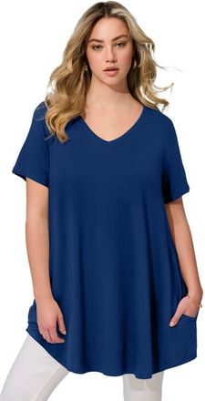 Roaman's Ultra Drape V Neck Short Sleeve Swing Tunic in Evening Blue at Nordstrom, Size 16