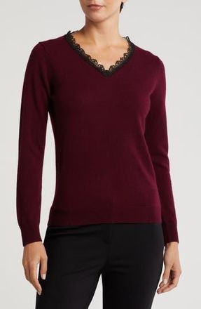 Sofiacashmere Lace Trim V-Neck Cashmere Sweater in Bordeaux at Nordstrom Rack, Size Large