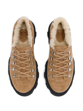 Ganni Suede Lace-Up Shearling-Lined Derby Flat - Brown
