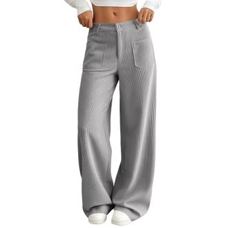 Generic Womens High Waist Wide Leg Pants Solid Colour Straight Fit Long Trousers with Front Pockets Button Closure Casual Everyday Style