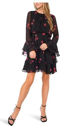 CeCe by Cynthia Steffe Long Sleeve Ruffled Mini Dress Womens Dress Rich Black : MD, Polyester
