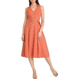 Maggy London Sleeveless Linen Blend Midi Shirtdress in Burnt Brick at Nordstrom, Size 16