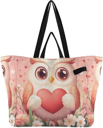 Generic Heart Pink Owl Flowers pattern Reusable Canvas Tote Bag, Heavy Duty Grocery Shopping Bag with Hard Bottom Large Capacity Double Handles Work Groceries